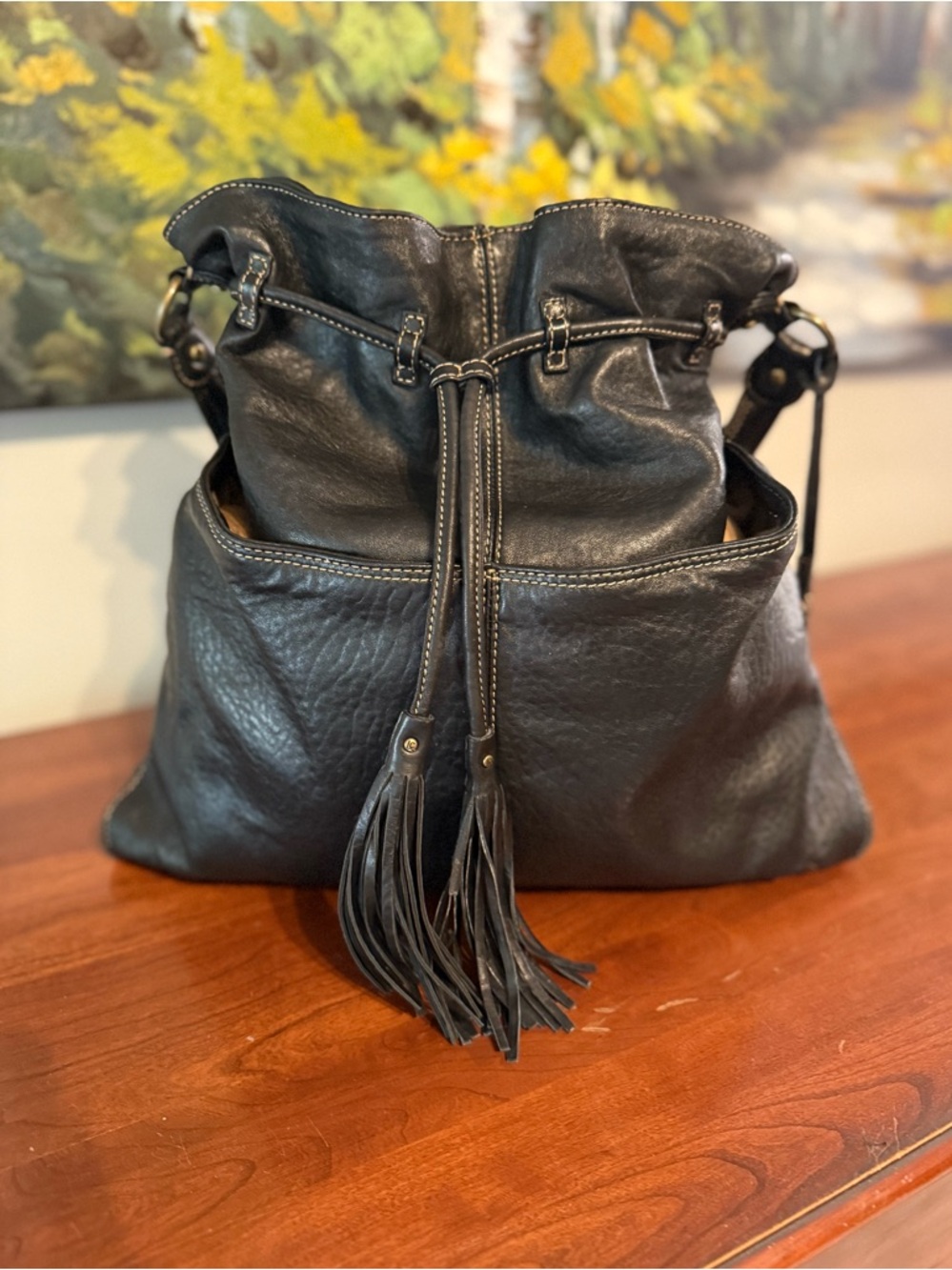 Vintage Liz Claiborne Genuine Leather Bucket Bag • Drawstring Tassel • Slouchy